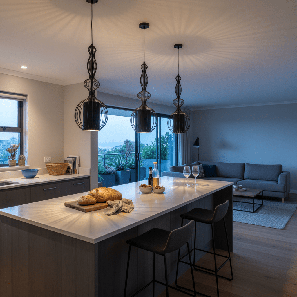 Three black wire frame pendant lights hang over a kitchen island, illuminating a modern kitchen space.