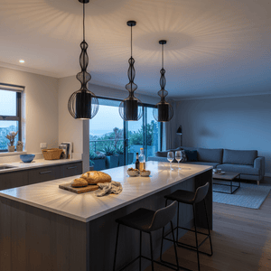 Three black wire frame pendant lights hang over a kitchen island, illuminating a modern kitchen space.