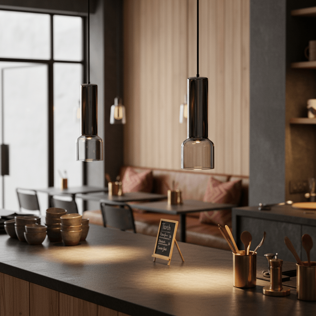 Stylish black smoke glass pendant lights hang above a modern kitchen counter with bowls and utensils.