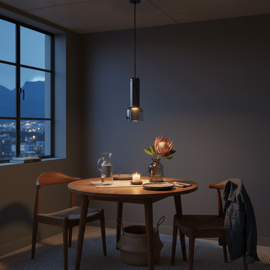Black smoke glass pendant light hanging over a round wooden table with chairs, creating a cozy dining nook.