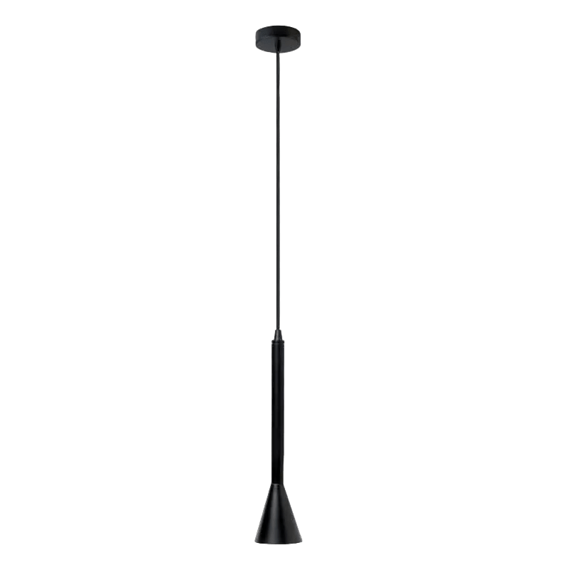 A sleek black pendant light with a conical shade, suspended from a thin cord and circular ceiling mount.