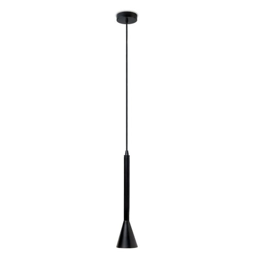 Sleek black GU10 flute pendant light hanging from the ceiling, showcasing modern design.