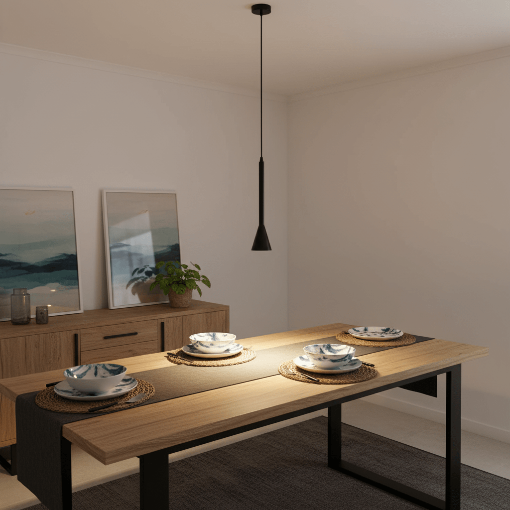 Torre Medium GU10 Flute Pendant in black hanging above a dining table set with bowls and a plant in the background.