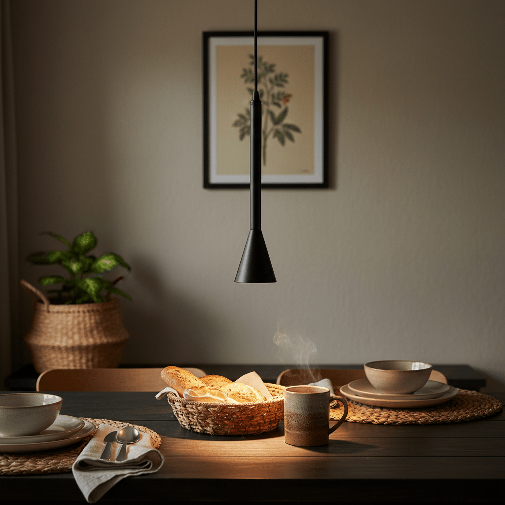 Black Torre Medium GU10 Flute Pendant light illuminating a dining table with bread and a steaming mug.