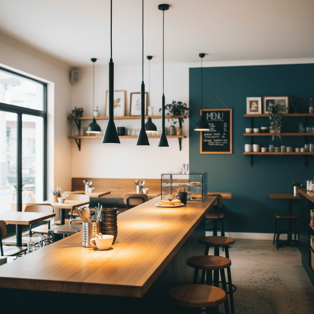 Torre Medium GU10 Flute Pendant lights hanging over a wooden bar in a modern café setting.