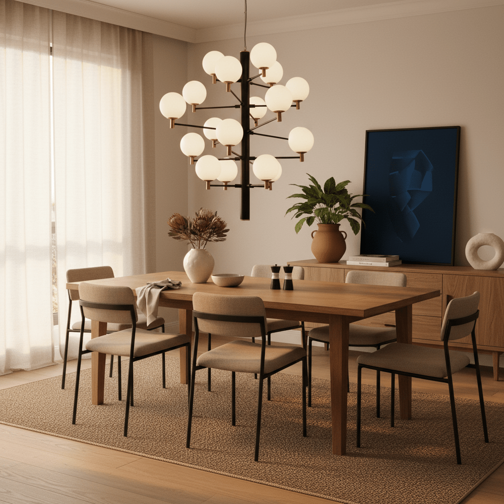 Stylish dining area featuring the TwentyOrb Black Pendant Light above a wooden table with soft seating.