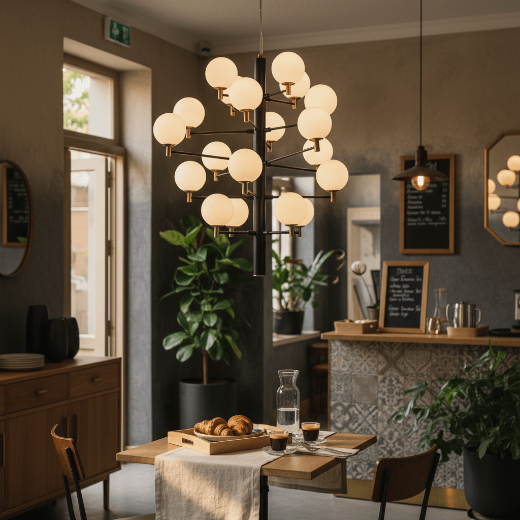 TwentyOrb Black Pendant Light with opal glass orbs hanging over a dining table, creating a warm ambiance.