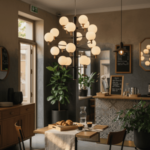 TwentyOrb Black Pendant Light with opal glass orbs hanging over a dining table, creating a warm ambiance.