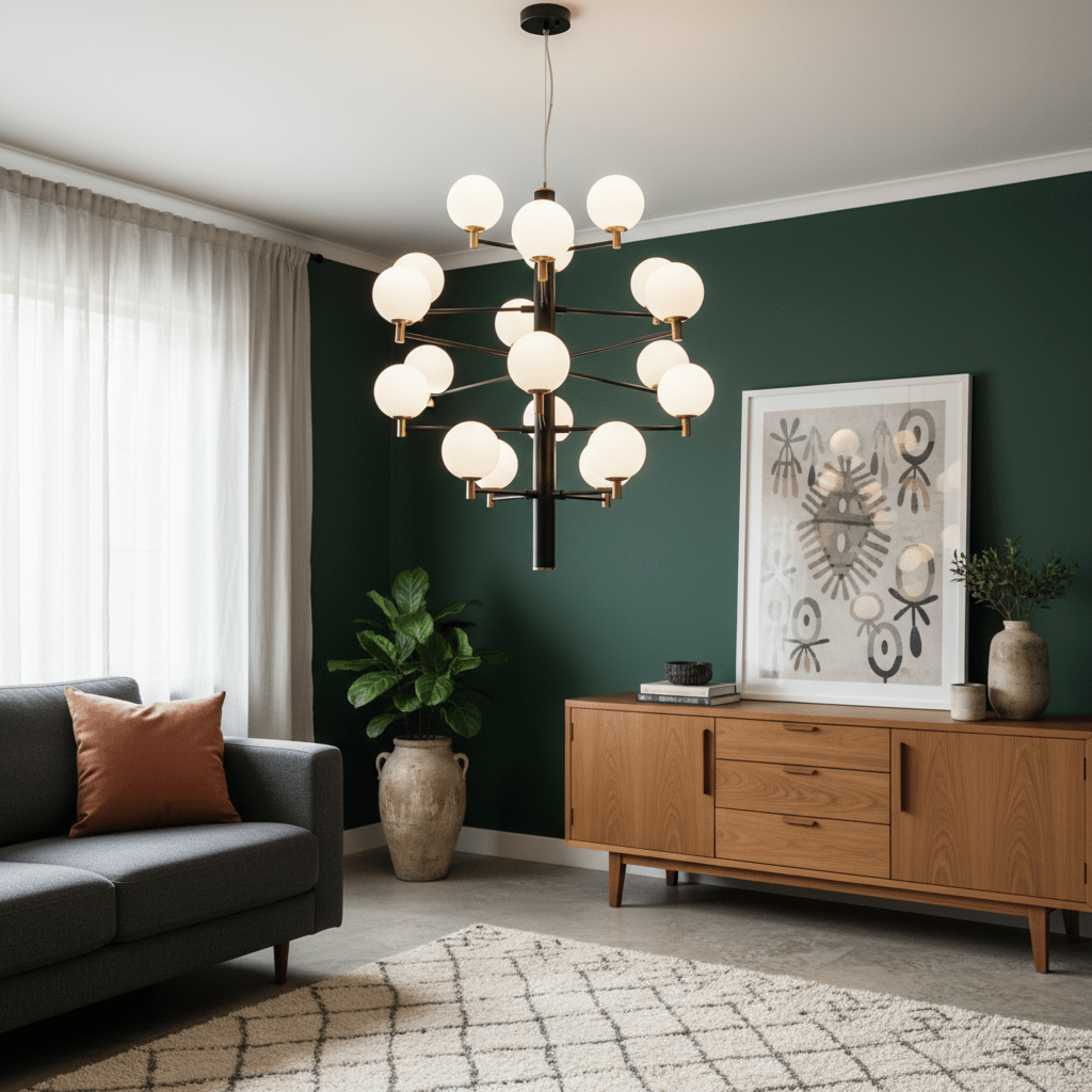 Stylish living room featuring the TwentyOrb Black Pendant Light above a wooden sideboard with decor.