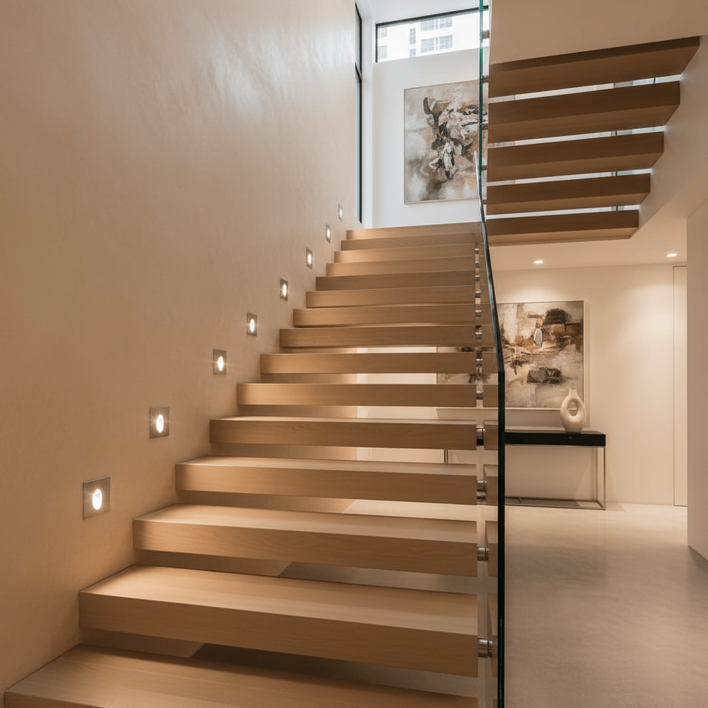 Stylish staircase with recessed LED step lights illuminating wooden steps, enhancing safety and ambiance.