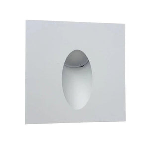 Square recessed indoor LED step light in white with an oval opening for illumination.