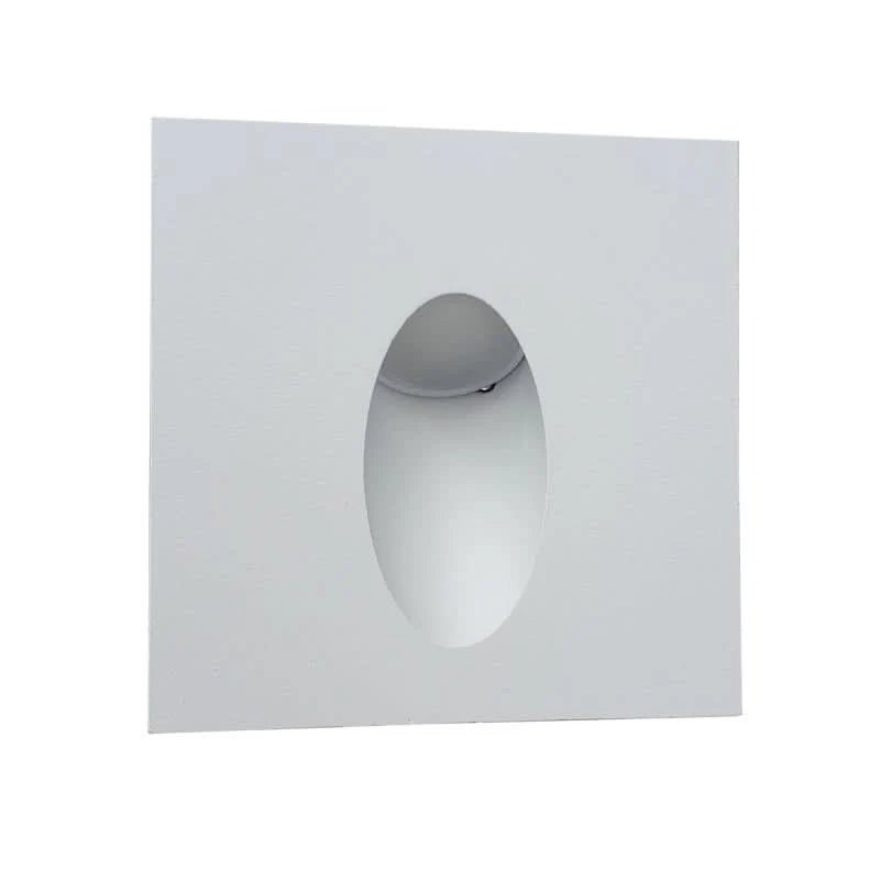 Square recessed indoor LED step light in white with an oval opening for illumination.