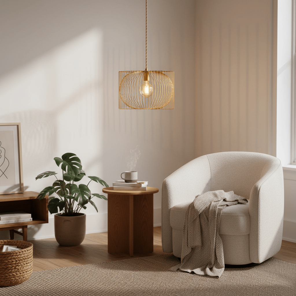 Gold wire pendant light hanging above a cozy armchair and side table in a softly lit room.