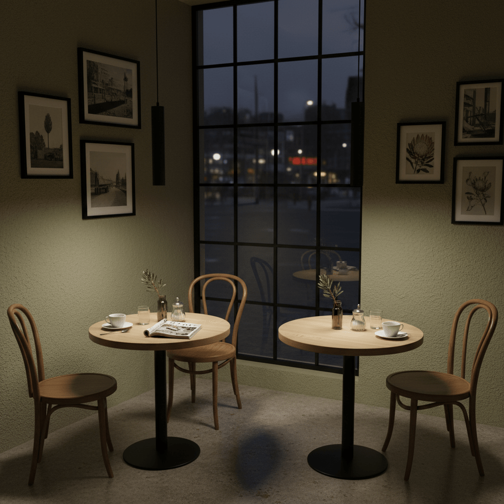 A black Flute GU10 pendant light hangs above a cozy café table setting with wooden tables and chairs.