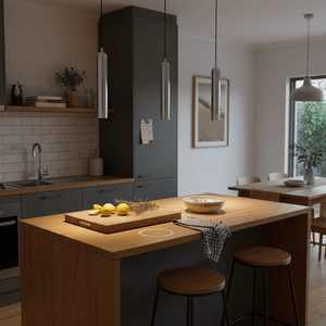 Three slim chrome pendant lights hang over a wooden kitchen island with lemons and herbs on a cutting board.