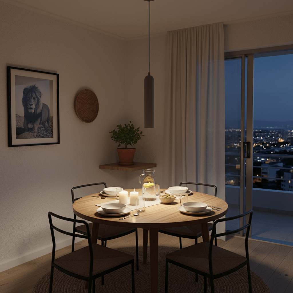 Grey pendant light illuminating a dining table set with plates and candles in a cozy indoor setting.