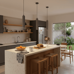 Three grey pendant lights hang over a kitchen island with a bowl of oranges and a loaf of bread.