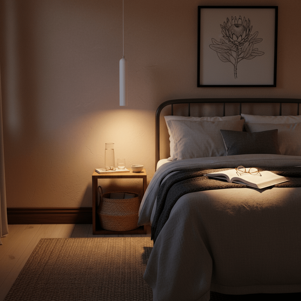 A slim white pendant light hangs above a bedside table, illuminating an open book and glassware.