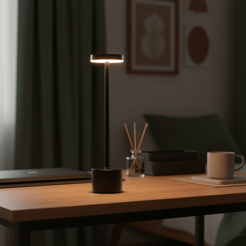 Vogue Black Rechargeable Table Lamp on a wooden desk, with a cozy, modern interior background.