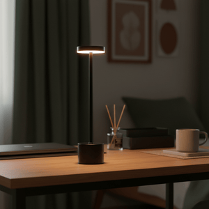 Vogue Black Rechargeable Table Lamp on a wooden desk, with a cozy, modern interior background.
