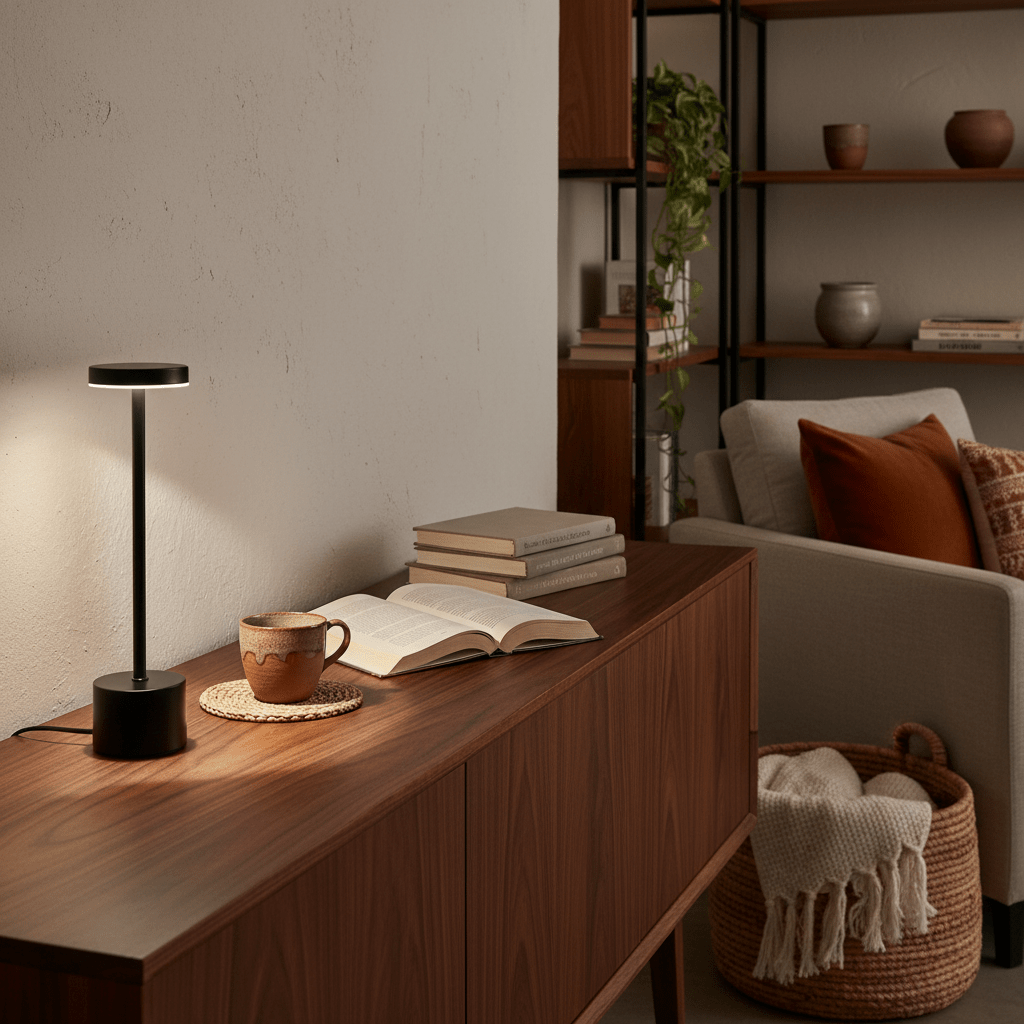 Vogue Black Rechargeable Table Lamp on a wooden surface beside a book and a cup, creating a cozy ambiance.