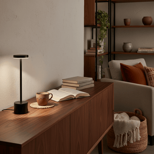 Vogue Black Rechargeable Table Lamp on a wooden surface beside a book and a cup, creating a cozy ambiance.