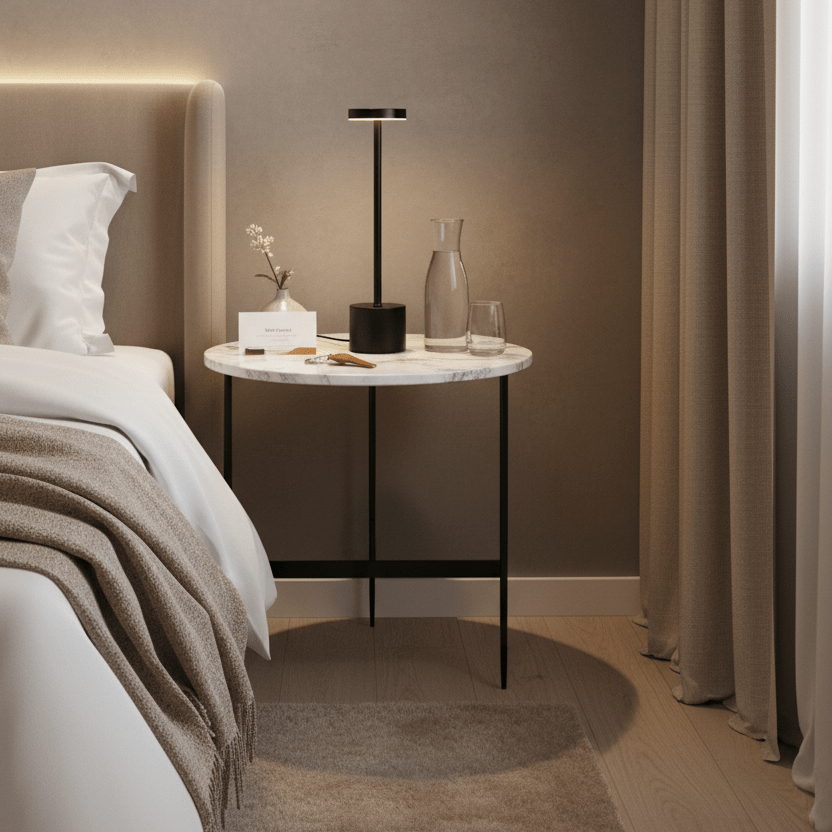Modern black rechargeable table lamp on a marble side table beside a bed, with decorative items and soft lighting.