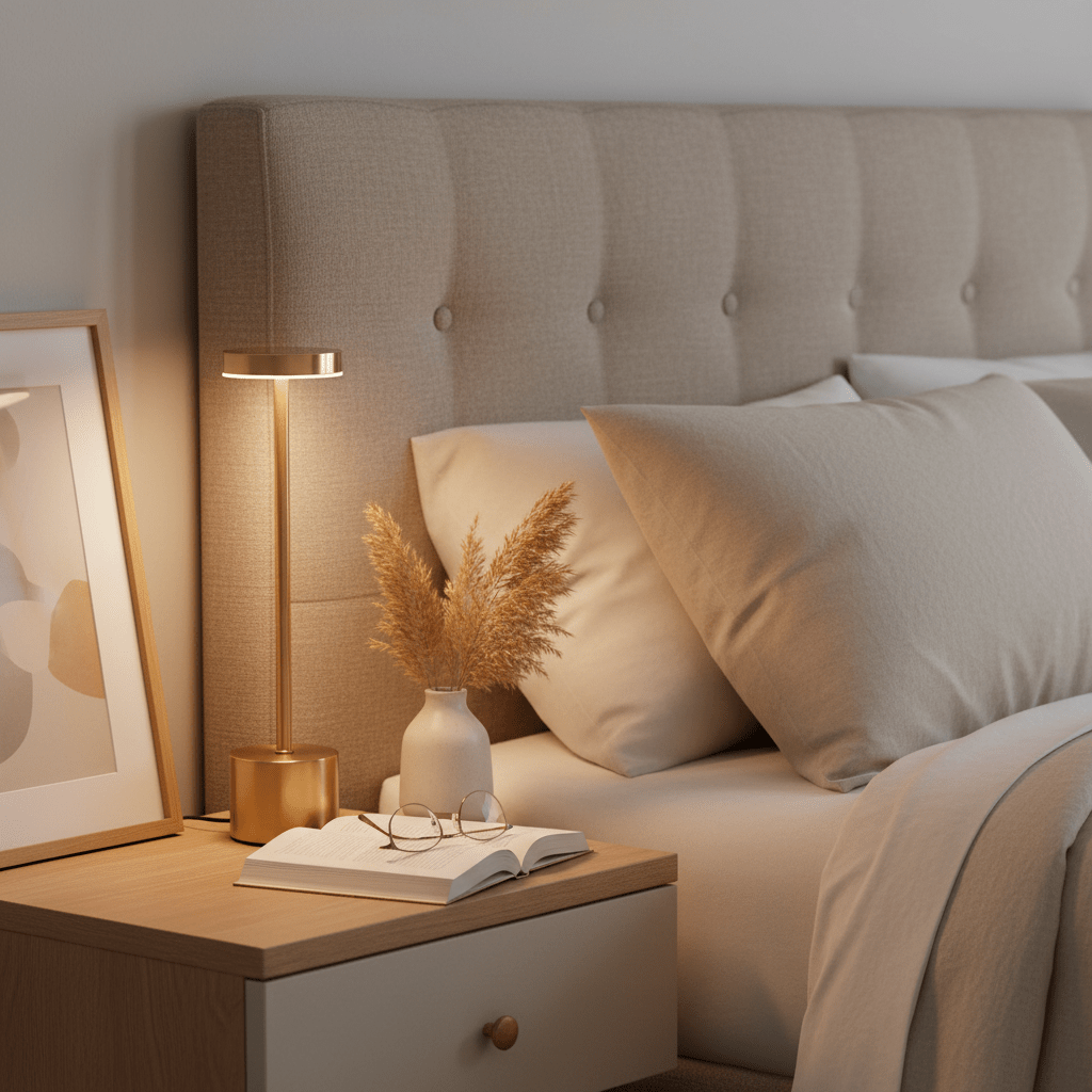 Gold rechargeable table lamp on bedside table next to a cozy bed with decorative pillows and a vase of dried flowers.
