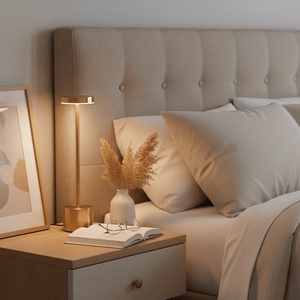 Gold rechargeable table lamp on bedside table next to a cozy bed with decorative pillows and a vase of dried flowers.