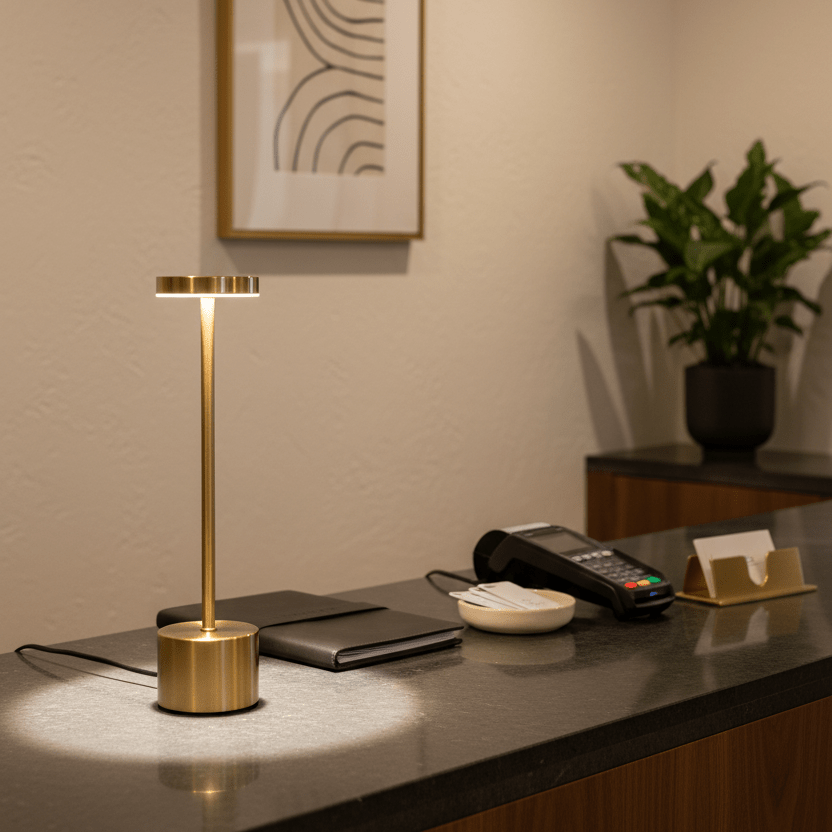 Gold rechargeable table lamp on a dark countertop, surrounded by a notebook, phone, and plant.