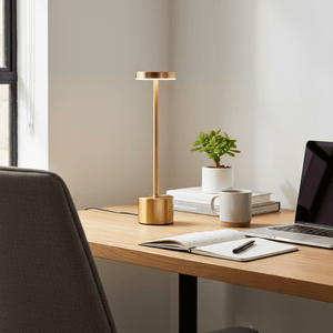 Gold rechargeable table lamp on a wooden desk beside a laptop, notebook, and plant.