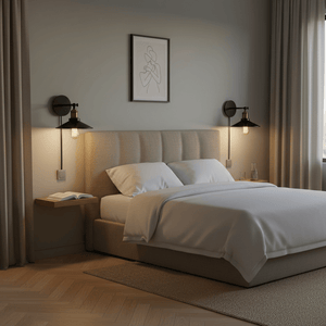 Stylish bedroom featuring a retro-industrial wall reading light with a long arm beside a bed.