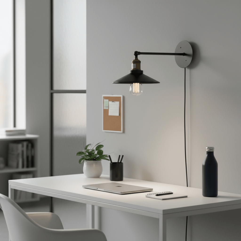 Retro industrial wall reading light with long arm mounted above a modern desk, illuminating workspace.