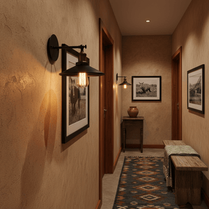 Retro industrial wall reading light mounted in a hallway, illuminating framed artwork.