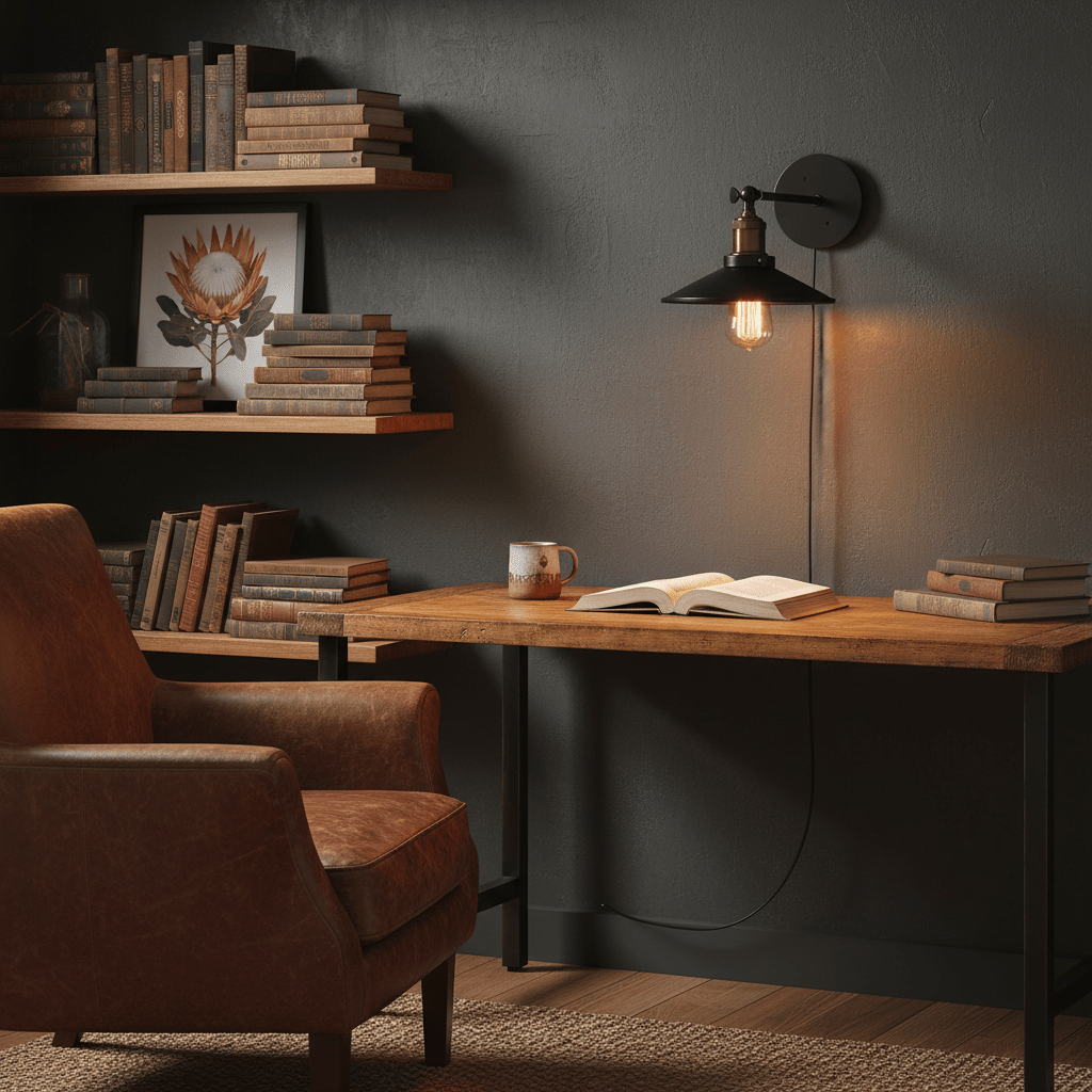 A retro-industrial wall reading light mounted above a wooden desk with books and a coffee mug.