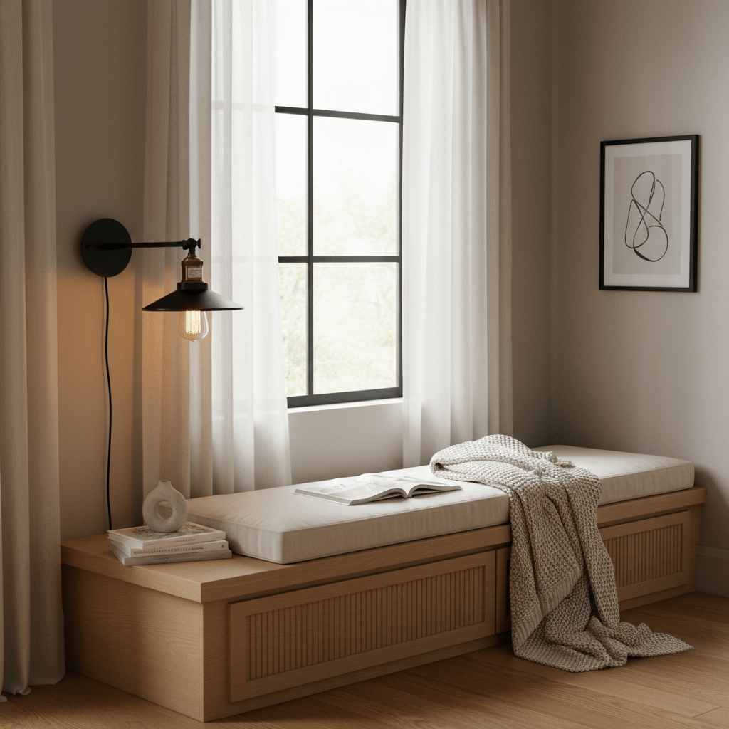 Retro industrial wall reading light mounted above a cozy bench with a book and blanket, brightening the space.