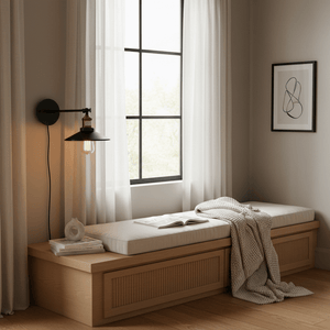 Retro industrial wall reading light mounted above a cozy bench with a book and blanket, brightening the space.