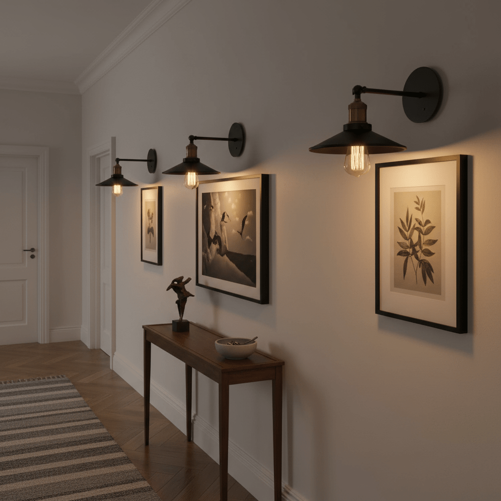 Retro industrial wall reading light with long arm illuminating framed artwork in a stylish hallway.