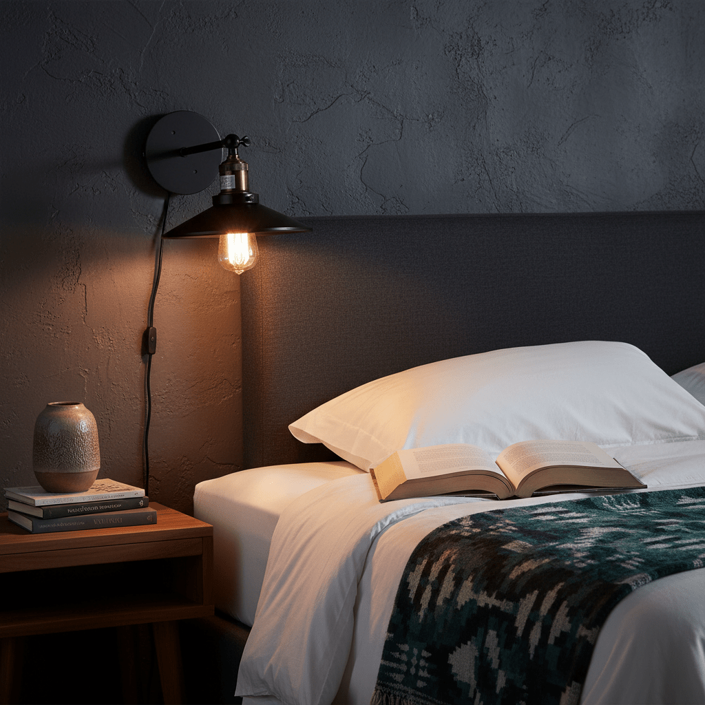 Retro industrial wall reading light mounted beside a bed, illuminating an open book on white sheets.