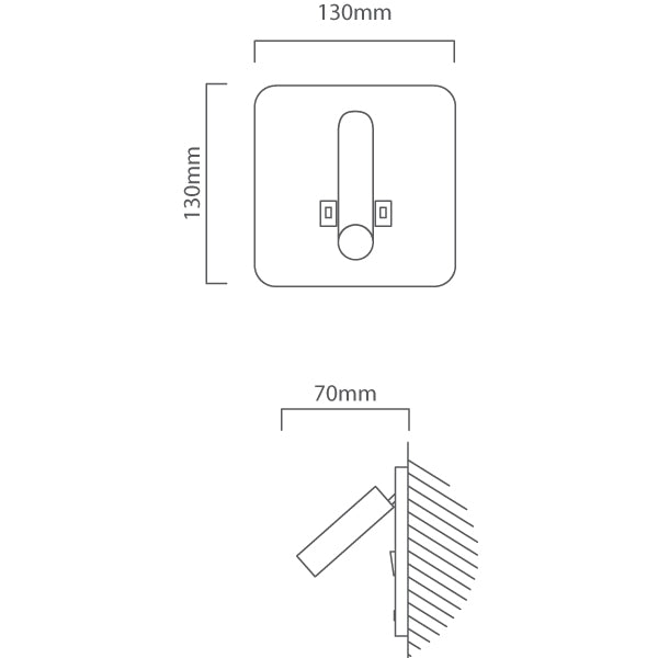 Detailed technical drawing of a black LED indoor wall light, showing top and side views with dimensions.