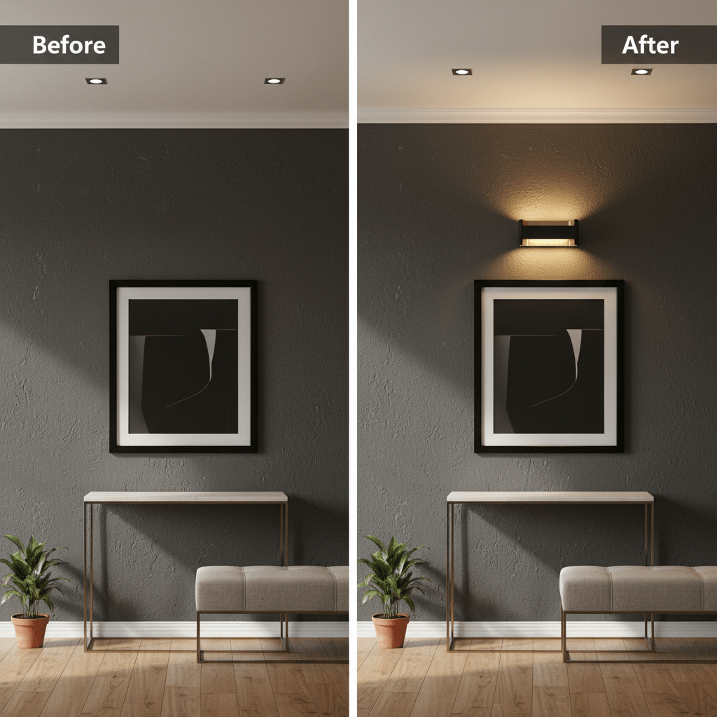 Before and after comparison of a wall with and without the Feloniche LED Wall Light, showcasing accent lighting.