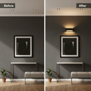 Before and after comparison of a wall with and without the Feloniche LED Wall Light, showcasing accent lighting.