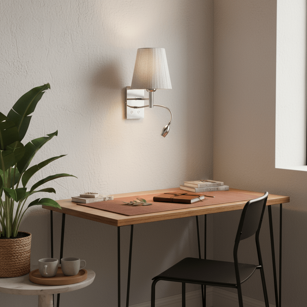 Polished chrome wall light with silver thread shade illuminating a modern desk setup with books and plants.