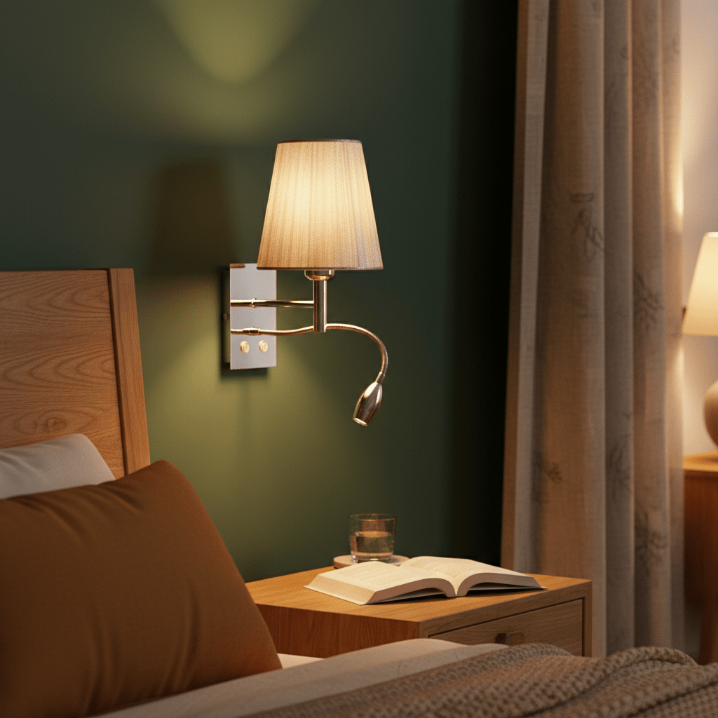 Polished chrome wall light with silver thread shade mounted beside a bed, illuminating a book on a nightstand.