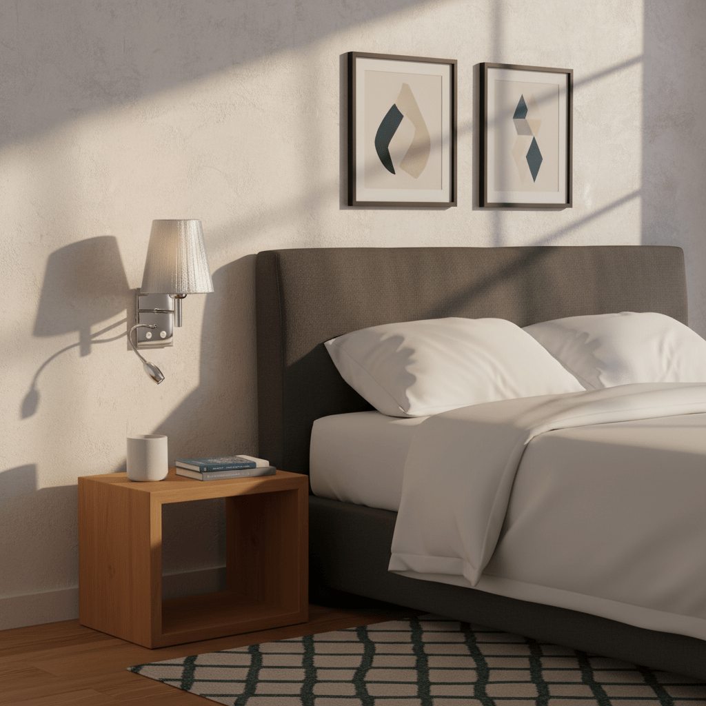 Polished chrome wall light with silver thread shade mounted beside a bed, casting soft light.