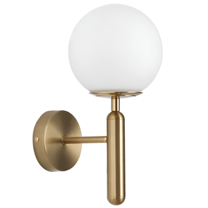 Wall-mounted light fixture with a gold arm and white globe on a white background