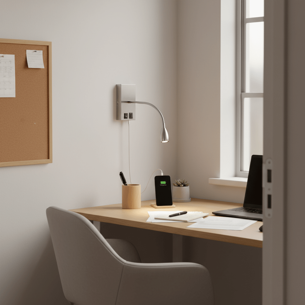 Satin chrome gooseneck wall light with USB port on a desk, lighting a phone and notebook near a window.