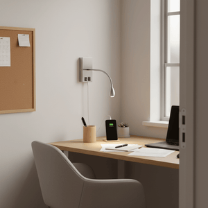 Satin chrome gooseneck wall light with USB port on a desk, lighting a phone and notebook near a window.