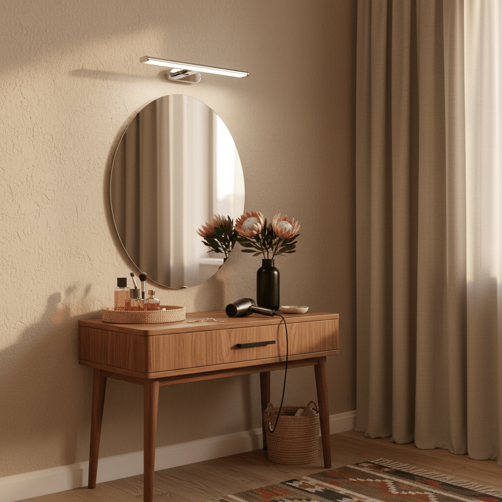 LED mirror light mounted above a round mirror on a wooden vanity, styled with flowers and beauty products.