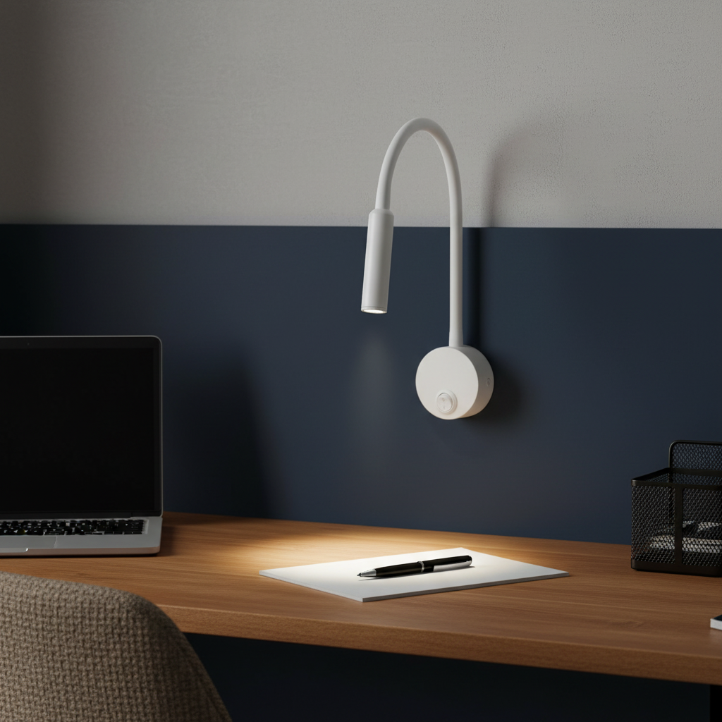 White LED goose neck wall light mounted above a wooden desk, illuminating a notepad and pen.